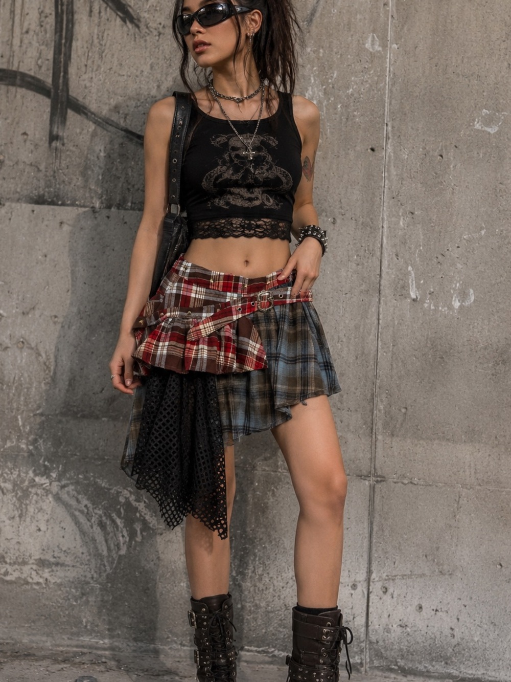 Asymmetrical Y2K Plaid Mini Skirt Small Goth Mesh Fairycore Grunge Rave Festival